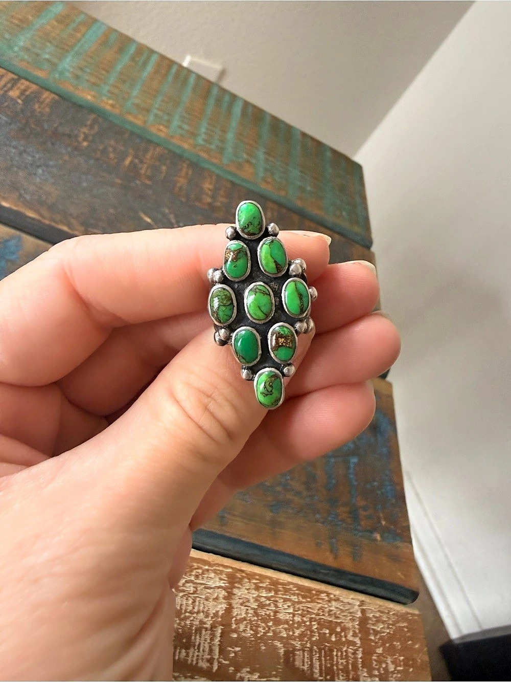 Handmade Sterling Silver Green Stone Statement Ring US size 5